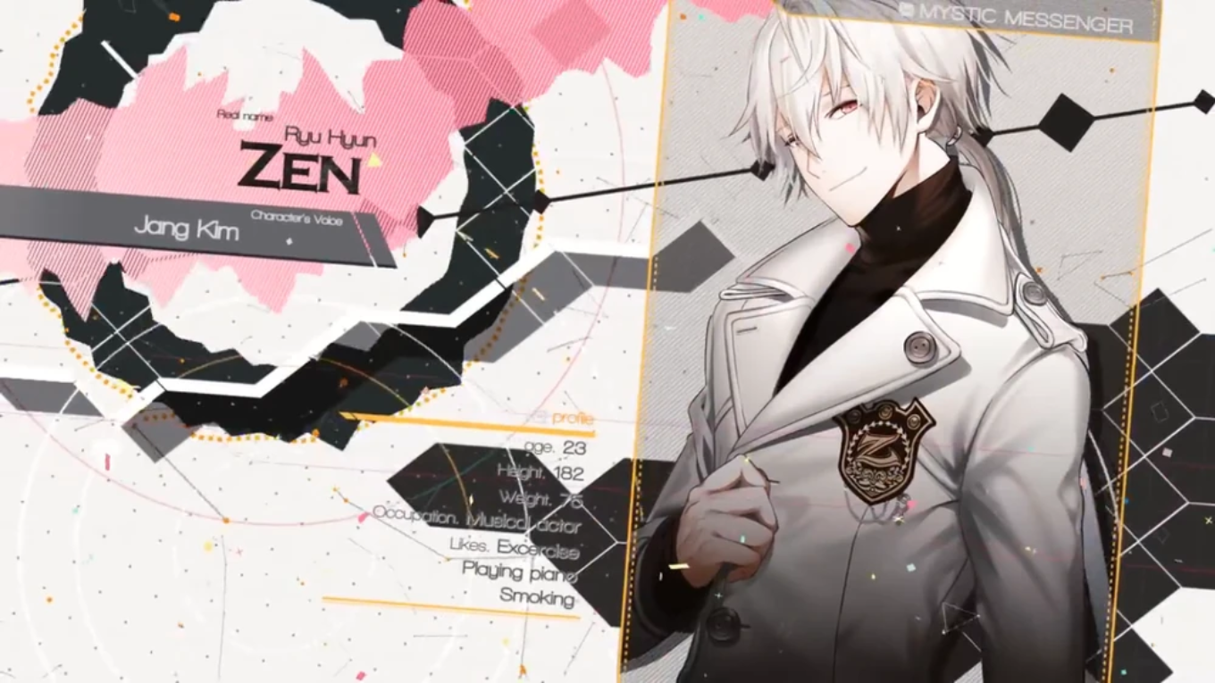 Zen from Mystic Messenger, the flirty, theatrical actor otome boyfriend who adores you openly and passionately.